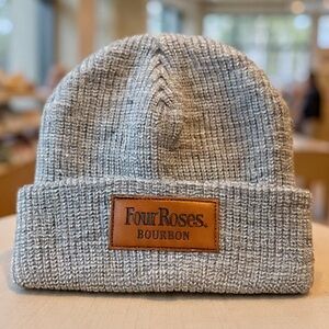 Four Roses Bourbon Gray Beanie. Custom Faux Leather Patch.  NEW